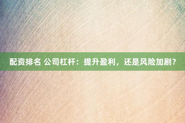 配资排名 公司杠杆：提升盈利，还是风险加剧？